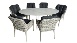 Mesa Zentrum Oval Blanca de Vidrio Cerámico + 6 sillas Duna Natural