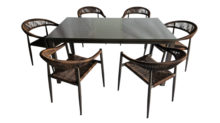 Mesa Family Polywood Marrón Café + 6 Sillas Verano Marrón
