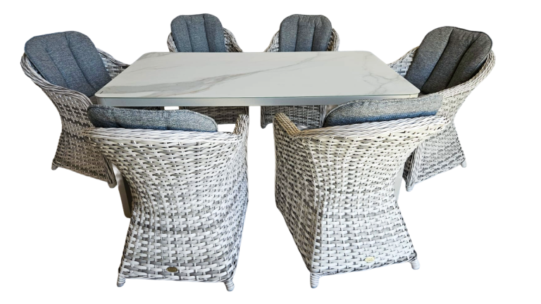 Zentrum White Ceramic Glass Table 160 + 6 Colorada Natural Flat Armchairs