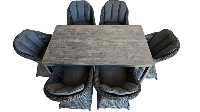 Zentrum Grey Ceramic Grass Table + 6 Colorada Grey Flat Armchairs