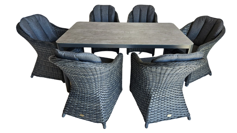 Zentrum Grey Ceramic Grass Table + 6 Colorada Grey Flat Armchairs